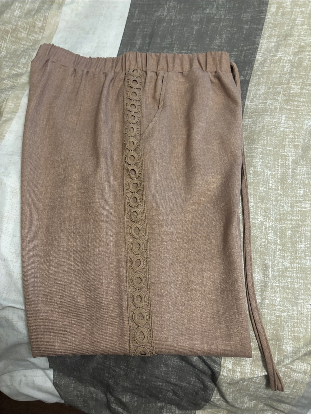 Women's Brown Lace-Trim Elastic Waist Linen Pants